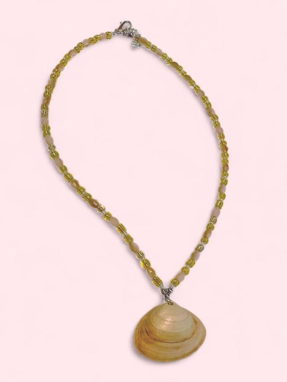 Handmade Yellow Beaded Necklace with Beige Shell Pendant